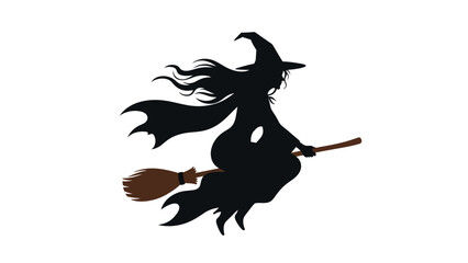 Silhouette of a flying witch on a broomstick.