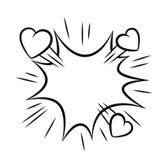 Valentine cartoon explosion with hearts. Romantic speech bubble in comic style. Love greeting card.