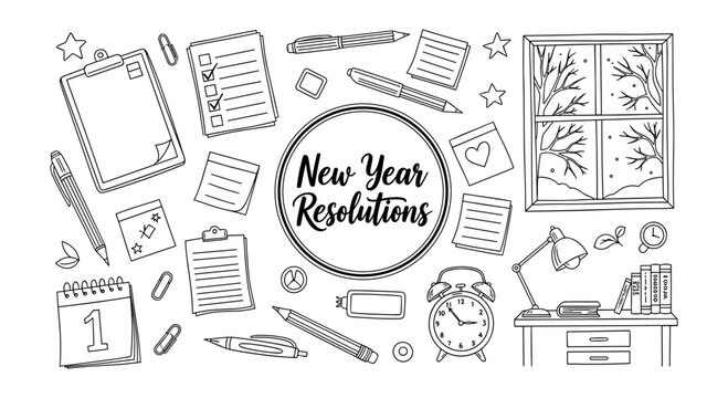 New year resolutions with office supplies and winter window in linear style