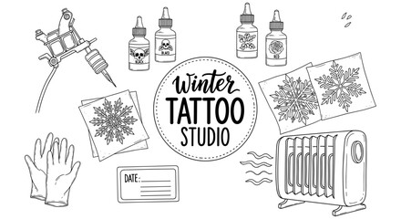 Winter tattoo studio essentials with snowflake designs and heater in linear style