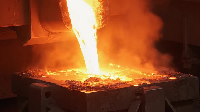 Dramatic molten metal pouring with intense heat and sparks flying, showcasing industrial power and metallurgical processes in action