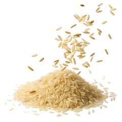 Pile of rice with grains falling down on a white background in a studio shot with good lighting