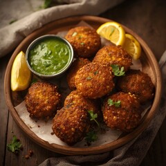 Crispy black gram fritters served on a wooden platter with green chutney and lemon wedges. The golden texture, spices, and herbs create a delicious, vibrant snack presentation.