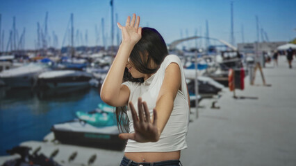 Fototapeta premium Woman in white top and jeans with hands raised blocking face on street by boats and dock pier; shyness privacy reluctance.