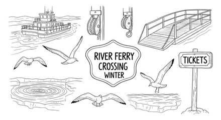 River ferry crossing in winter with birds and surroundings in linear style