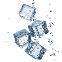 Floating ice cubes with water droplets and bubbles on a white background in a studio shot