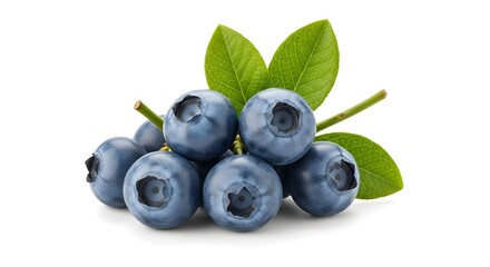 A small pile of blueberries with green leaves on a white background in a close up studio shot