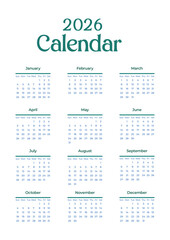 Neatly organized 2026 calendar with all months in grid layout, Sundays and holidays highlighted – practical yearly planner and elegant calendar design JPG