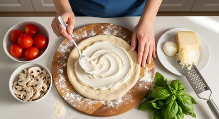 Person spreading cream on pizza dough surrounded by ingredients on a wooden board on a white table