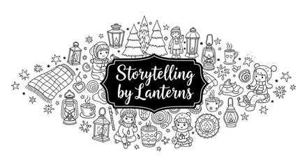 Fototapeta premium Storytelling by lanterns: cozy winter scenes with children and lanterns in doodle art