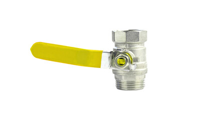 Brass ball valve with a yellow lever handle for water or gas flow control, isolated on a transparent background. Plumbing and industrial fitting equipment