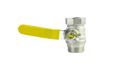 Brass ball valve with a yellow lever handle for water or gas flow control, isolated on a transparent background. Plumbing and industrial fitting equipment