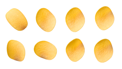 Eight golden potato chips arranged in two rows on black background snack food