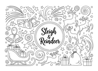 Festive reindeer and sleigh design with bells and gift elements in doodle style