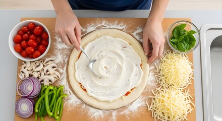 Person spreading cream cheese on pizza dough surrounded by fresh ingredients on a wooden board