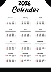Neatly organized 2026 calendar with all months in grid layout, Sundays and holidays highlighted – practical yearly planner and elegant calendar design JPG