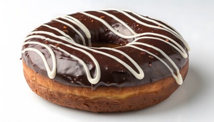 A chocolate frosted donut with white icing drizzle on a white surface in a close up studio shot