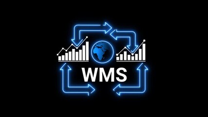 Warehouse Management System WMS Concept with Global Data and Arrows on Black Background logistics inventory - Powered by Adobe