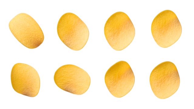 Eight golden potato chips arranged in two rows on black background snack food