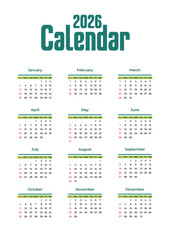 Neatly organized 2026 calendar with all months in grid layout, Sundays and holidays highlighted – practical yearly planner and elegant calendar design JPG