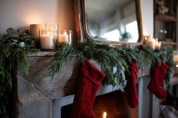 A festive mantelpiece decorated with fresh pine garlands, red stockings, and flickering candlelight, with a mirror reflecting the room 