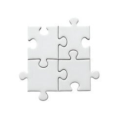 Four white jigsaw puzzle pieces arranged in a square on black background connection