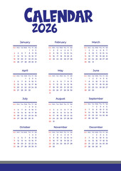 Neatly organized 2026 calendar with all months in grid layout, Sundays and holidays highlighted – practical yearly planner and elegant calendar design JPG