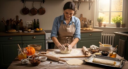 Woman kneading dough on a wooden board in a warm kitchen with various ingredients and tools around her