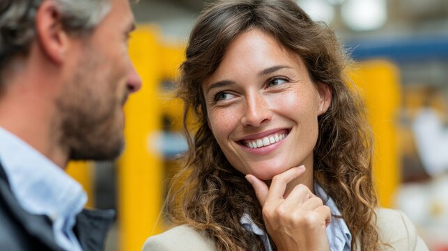 Woman and man smiling at each other in an office setting. - Powered by Adobe