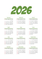 Neatly organized 2026 calendar with all months in grid layout, Sundays and holidays highlighted – practical yearly planner and elegant calendar design JPG