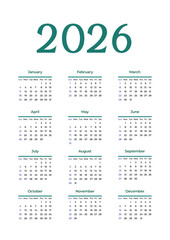 Neatly organized 2026 calendar with all months in grid layout, Sundays and holidays highlighted – practical yearly planner and elegant calendar design JPG