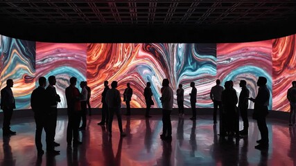 Silhouetted Spectators Immersed in Vibrant Digital Art Exhibition on Curved LED Screen, Featuring Dynamic Abstract Visuals and Reflections on Polis...