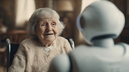 An elderly white woman in a wheelchair communicates with a pet robot. Room, soft light, close-up.
