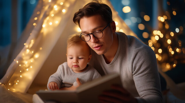 Faceless young adult man reading picture book to baby in play tent with Christmas lights, winter paternity leave, holiday father holding toy, seasonal close sitting , with copy spa