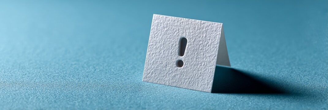 White paper card featuring an embossed exclamation mark symbol standing on a textured blue surface, conveying concepts of warning, danger, notice, and important alert