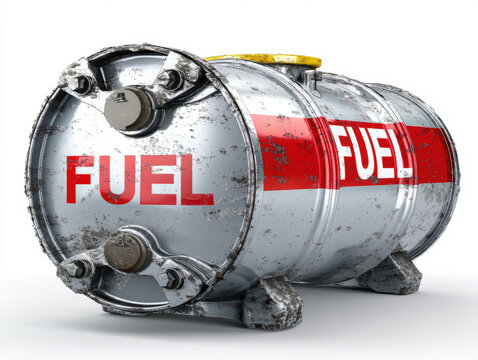 Metal barrel with a red "FUEL" label