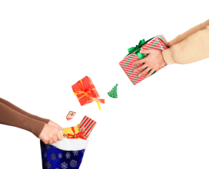 Hands exchanging Christmas gifts, dropping presents and decorations into a festive stocking, isolated on transparent background.