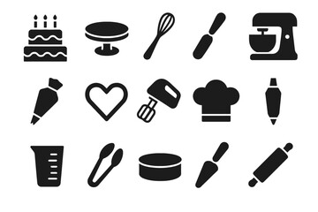 Obraz premium Baking utensil icons: mixer, cake, whisk, chef hat, measuring cup, rolling pin