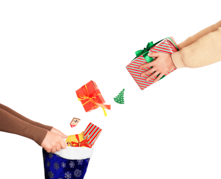 Hands exchanging Christmas gifts, dropping presents and decorations into a festive stocking, isolated on transparent background.