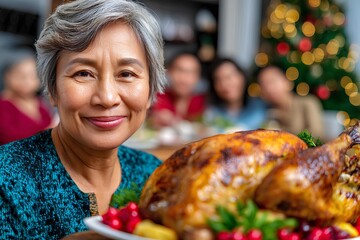 Asian woman smiling while holding a beautifully roasted turkey on a festive table, surrounded by family and holiday decorations, capturing a joyful celebration atmosphere