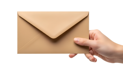 Hand holding a tan colored envelope against a black background brown