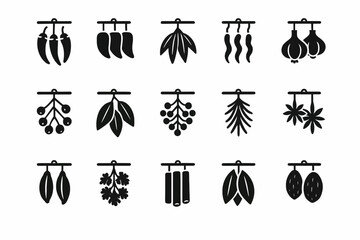 Collection of hanging spice and herb icons in black and white