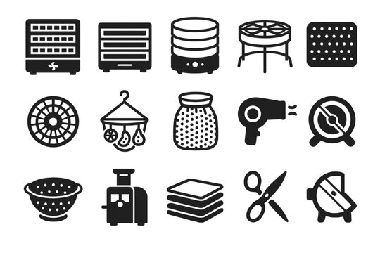 Set of kitchen appliance icons including food dehydrator and vegetable slicer