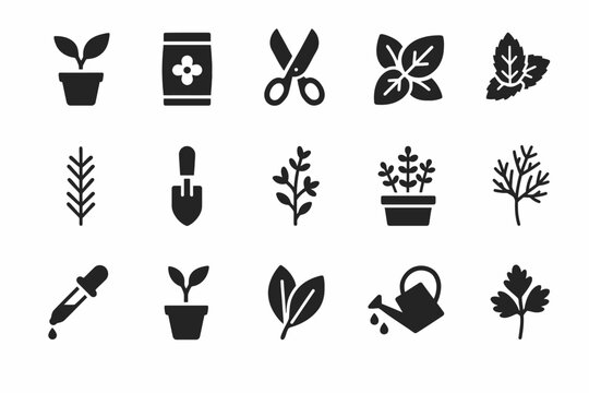 Gardening icons set: plants, tools, herbs, and watering can silhouettes