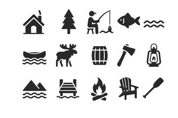 Outdoor adventure icons set with fishing, campfire, canoe, and more
