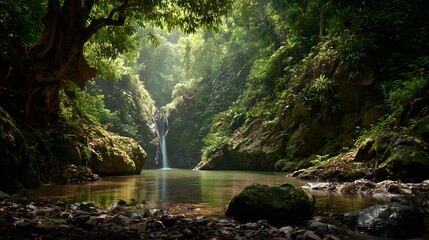 Lush tropical rainforest scene features cascading waterfall plunging into a tranquil pool surrounded by dense foliage and moss covered rocks