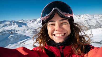 Woman skier smiling at camera on snowy mountain slope.