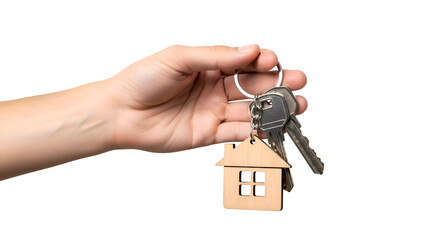 Hand holding house shaped keychain with keys on black background image