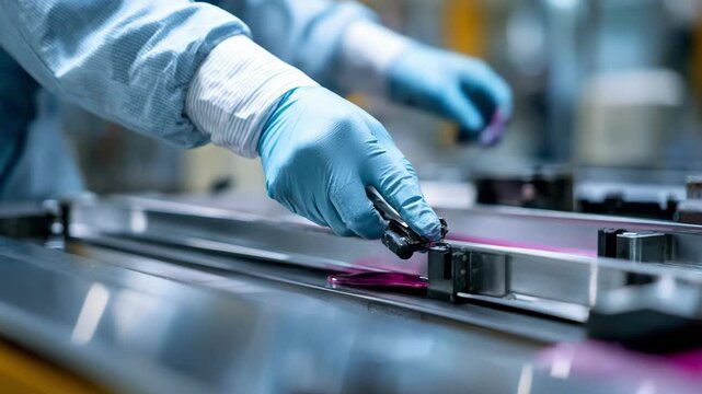 Closeup of a technician applying a thinfilm biodegradable zinc coating on industrial metal parts in a clean ecofriendly workshop environment.