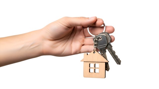 Hand holding house shaped keychain with keys on black background image